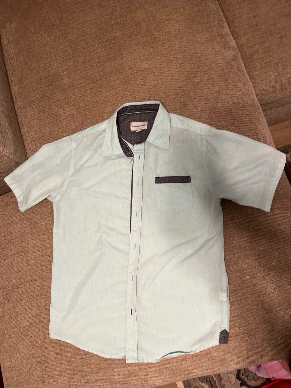 Kids Short Sleeve Button-Up Shirt in Light Mint with Contrast Trim